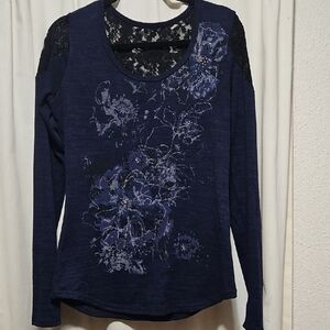Miss Me Navy Lace-Shoulder Floral Long Sleeve Top